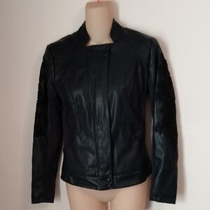 Moto Faux Leather Jacket With Brocade Beaded Sleeves Stretch Inserts